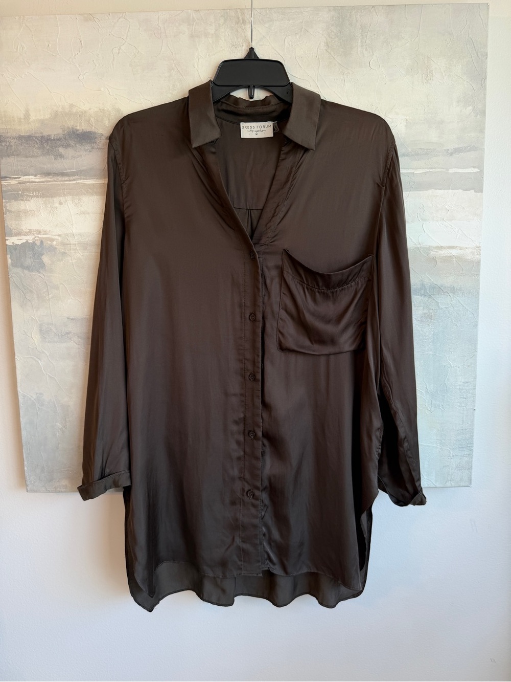 Dress Forum Los Angeles Deep Olive Green Satin Button Front Tunic Blouse Medium
